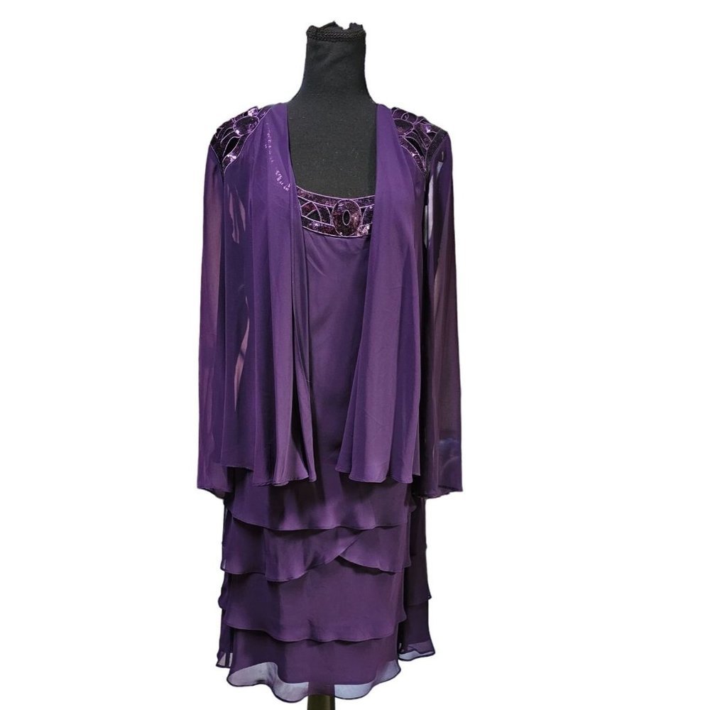 S.L. Fashions Purple Layered Midi Dress with Embellished Jacket